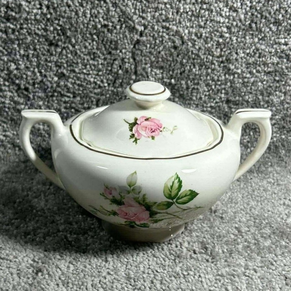 Canonsburg‎ Pottery Sugar Bowl Rose Bouquet White Pink 22K Gold Trim Lidded
